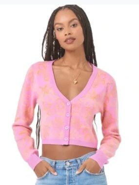 L*SPACE Spring Fling Sweater Cropped Cardigan Hibiscus Sz Sm NWT $145 Pink
